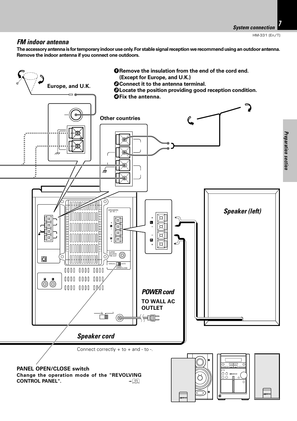 Fm indoor antenna, Speaker (left) speaker cord power cord, System connection | Europe, and u.k. other countries, Panel open/close switch, Connect correctly + to + and - to | Kenwood HM-331 User Manual | Page 7 / 48