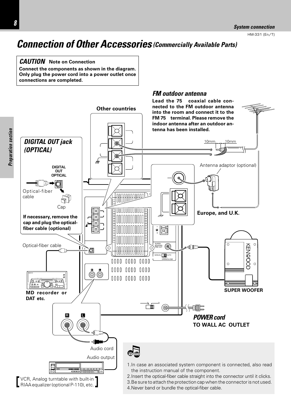 Connection of other accessories, Commercially available parts) fm outdoor antenna, Power cord | Digital out jack (optical), Caution, Europe, and u.k, System connection, Other countries | Kenwood HM-331 User Manual | Page 8 / 48