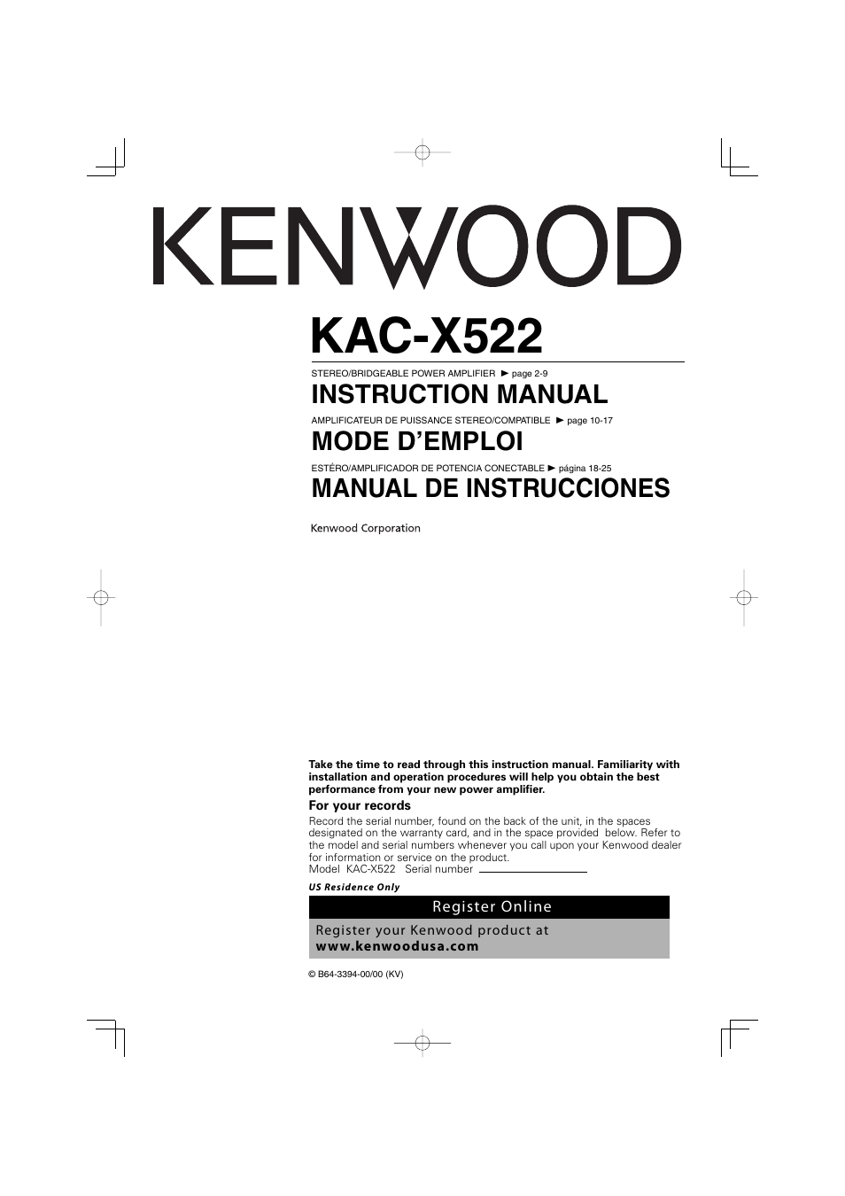 Kenwood KAC-X522 User Manual | 28 pages