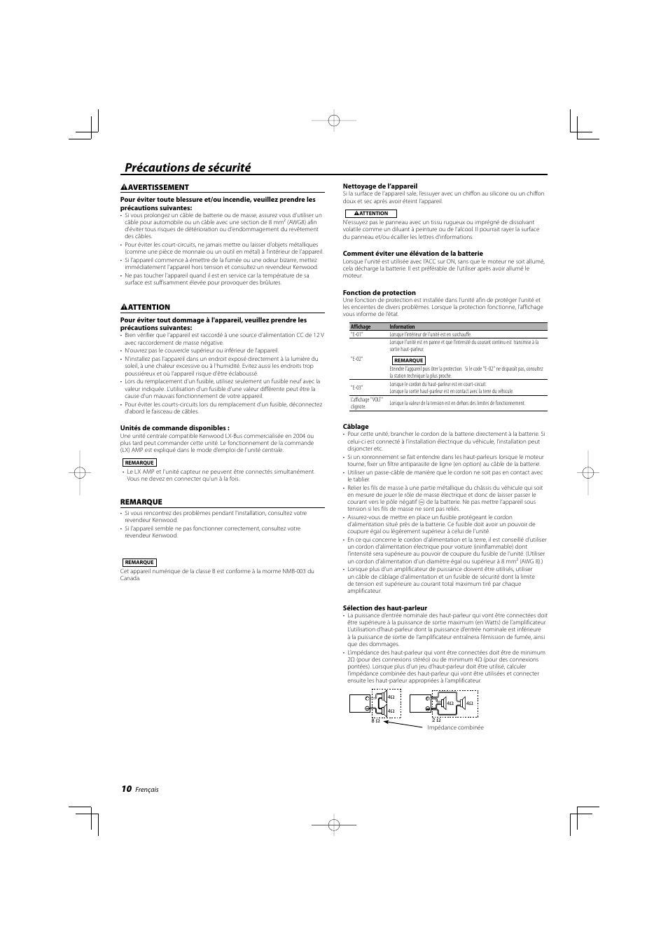 Précautions de sécurité | Kenwood KAC-X522 User Manual | Page 10 / 28