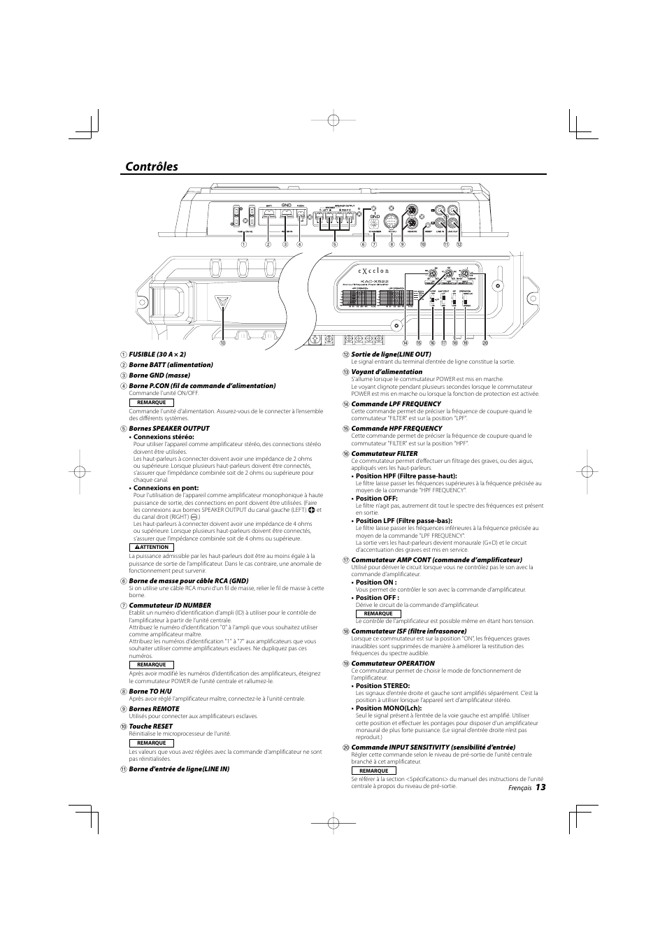 Contrôles | Kenwood KAC-X522 User Manual | Page 13 / 28