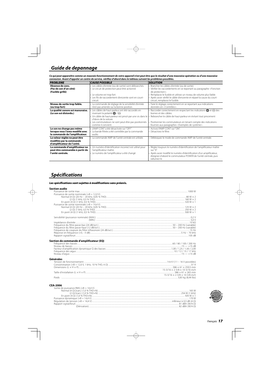 Guide de depannage, Spécifications | Kenwood KAC-X522 User Manual | Page 17 / 28