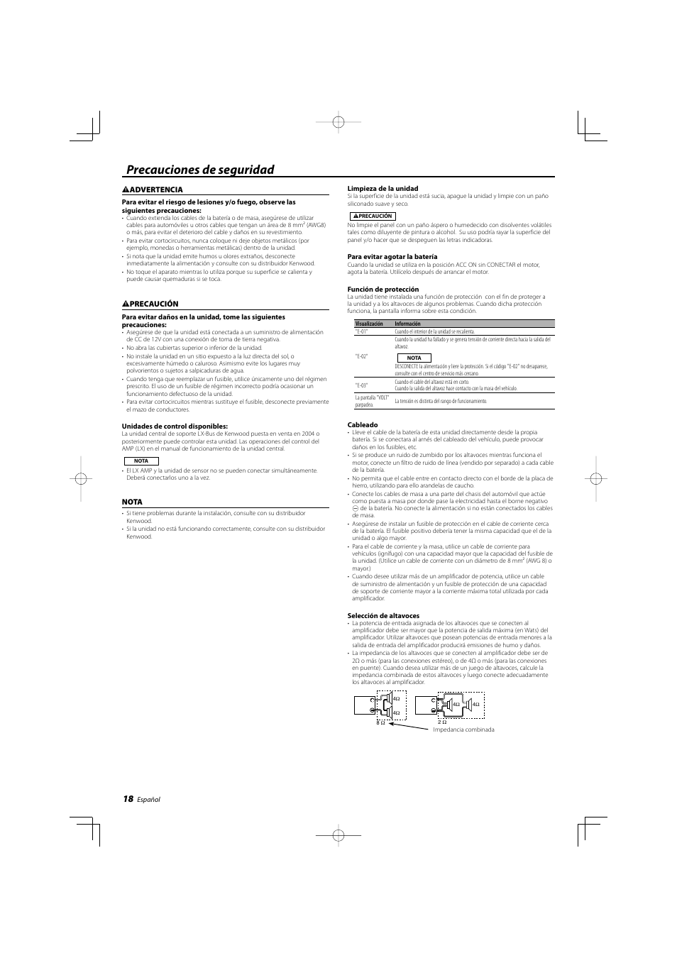 Precauciones de seguridad | Kenwood KAC-X522 User Manual | Page 18 / 28