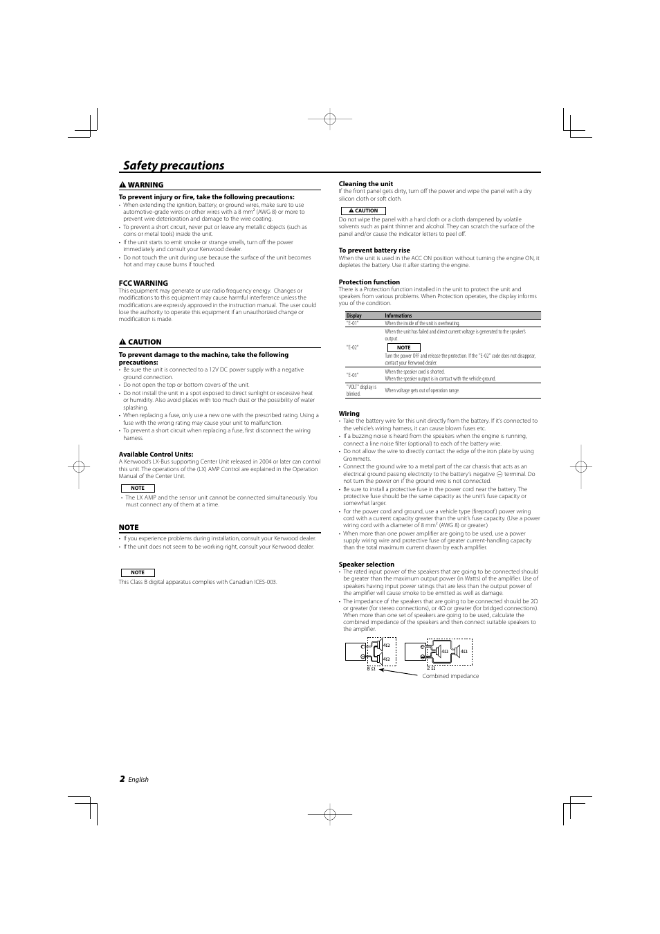 Safety precautions | Kenwood KAC-X522 User Manual | Page 2 / 28