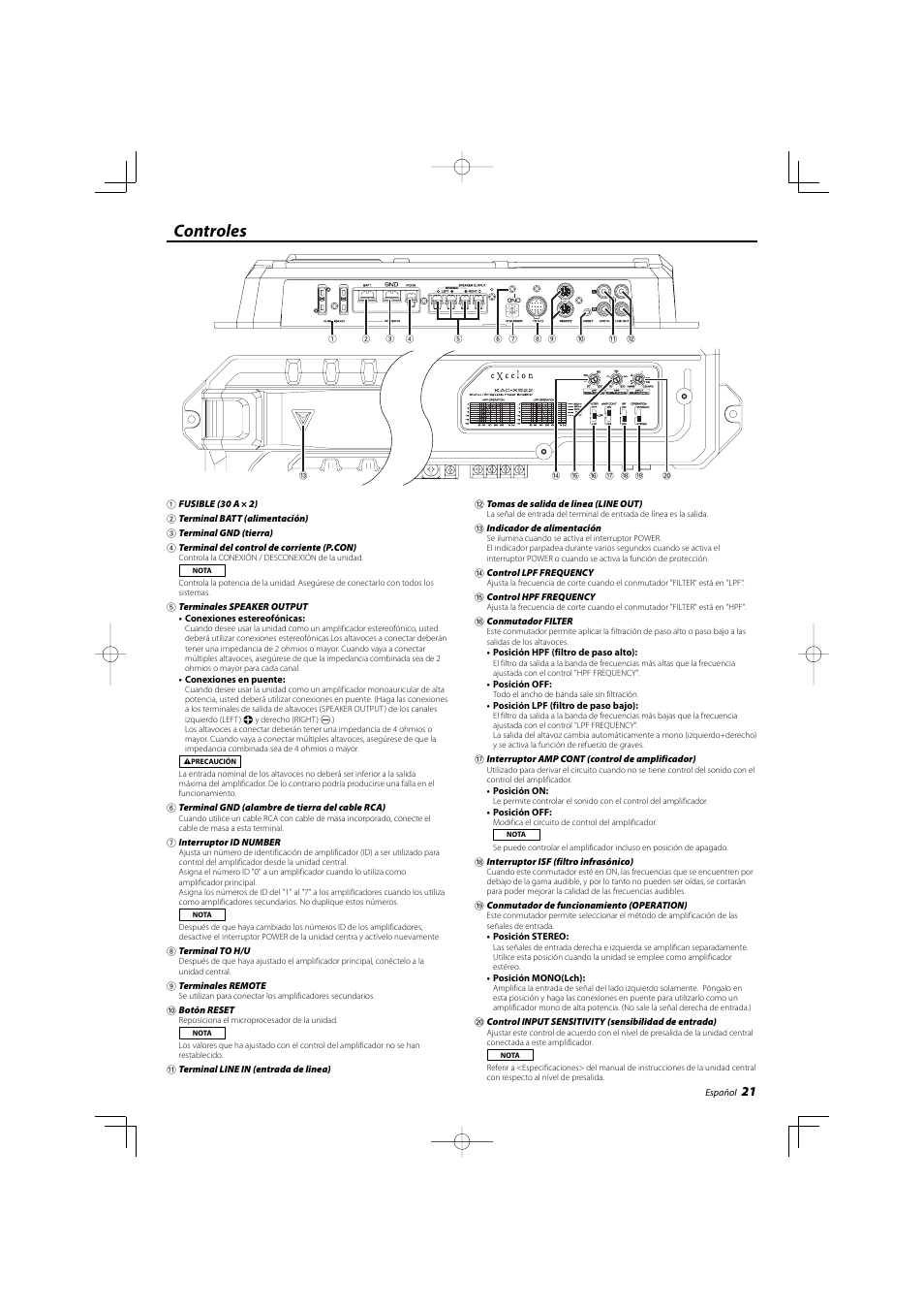 Controles | Kenwood KAC-X522 User Manual | Page 21 / 28