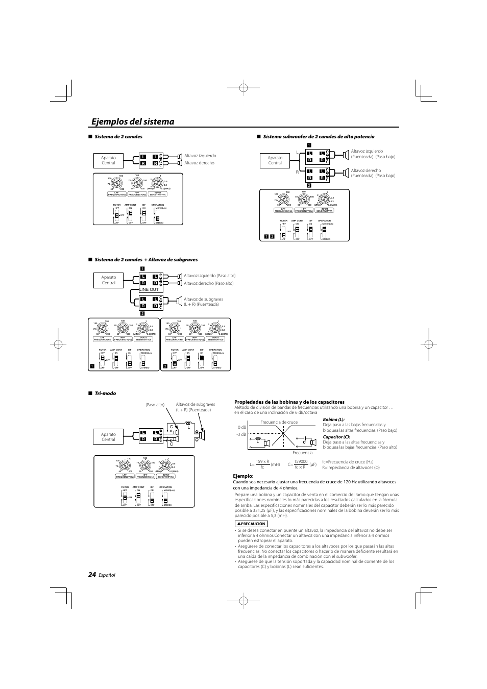 Ejemplos del sistema, Español, Tri-modo | Propiedades de las bobinas y de los capacitores, Ejemplo, Sistema de 2 canales + altavoz de subgraves, Altavoz derecho altavoz izquierdo | Kenwood KAC-X522 User Manual | Page 24 / 28
