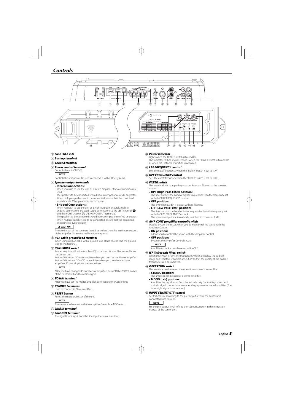 Controls | Kenwood KAC-X522 User Manual | Page 5 / 28