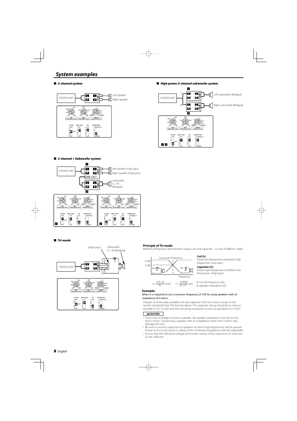 System examples, English, Tri-mode | Principle of tri-mode, Example, Channel + subwoofer system | Kenwood KAC-X522 User Manual | Page 8 / 28