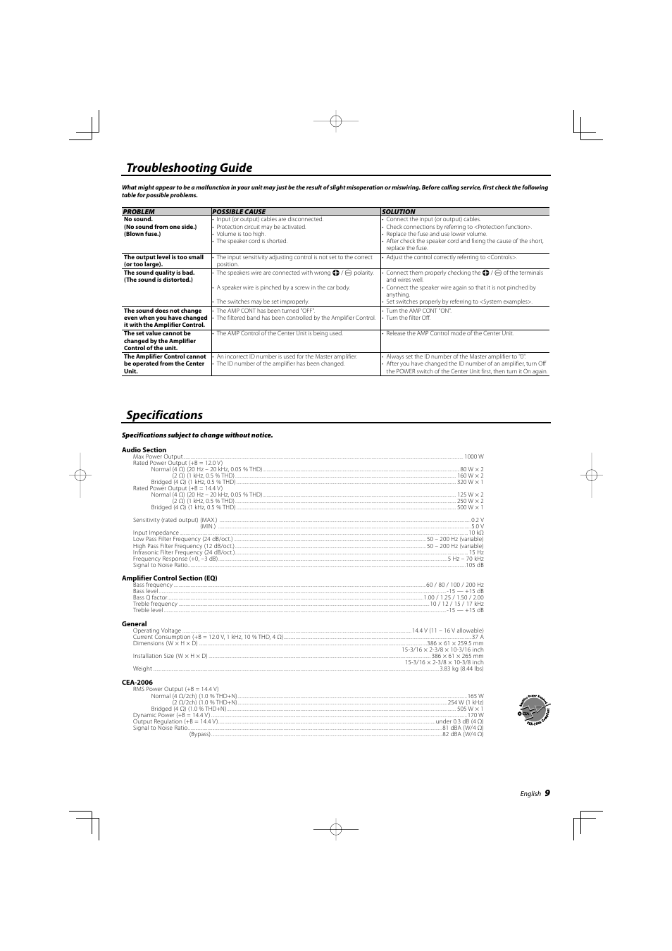 Troubleshooting guide, Specifications | Kenwood KAC-X522 User Manual | Page 9 / 28
