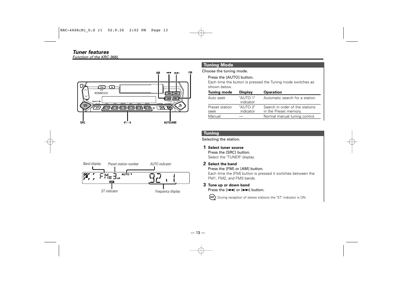 Tuner features(krc-366l) | Kenwood KRC-366L User Manual | Page 13 / 32