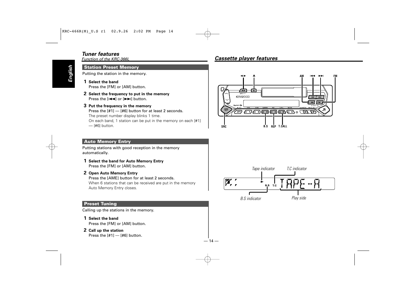 Cassette player features | Kenwood KRC-366L User Manual | Page 14 / 32