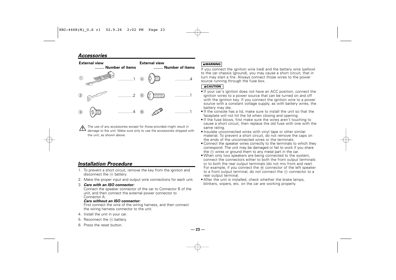 Accessories, Installation procedure | Kenwood KRC-366L User Manual | Page 23 / 32