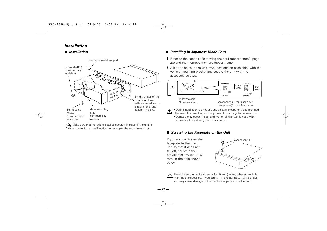 Installation | Kenwood KRC-366L User Manual | Page 27 / 32