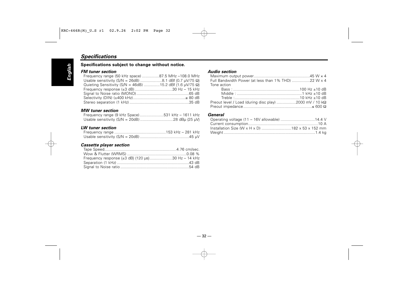 Specifications | Kenwood KRC-366L User Manual | Page 32 / 32