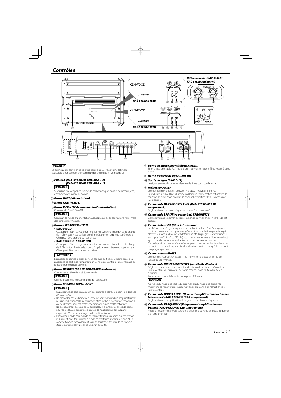 Contrôles | Kenwood KAC-8102D User Manual | Page 11 / 20