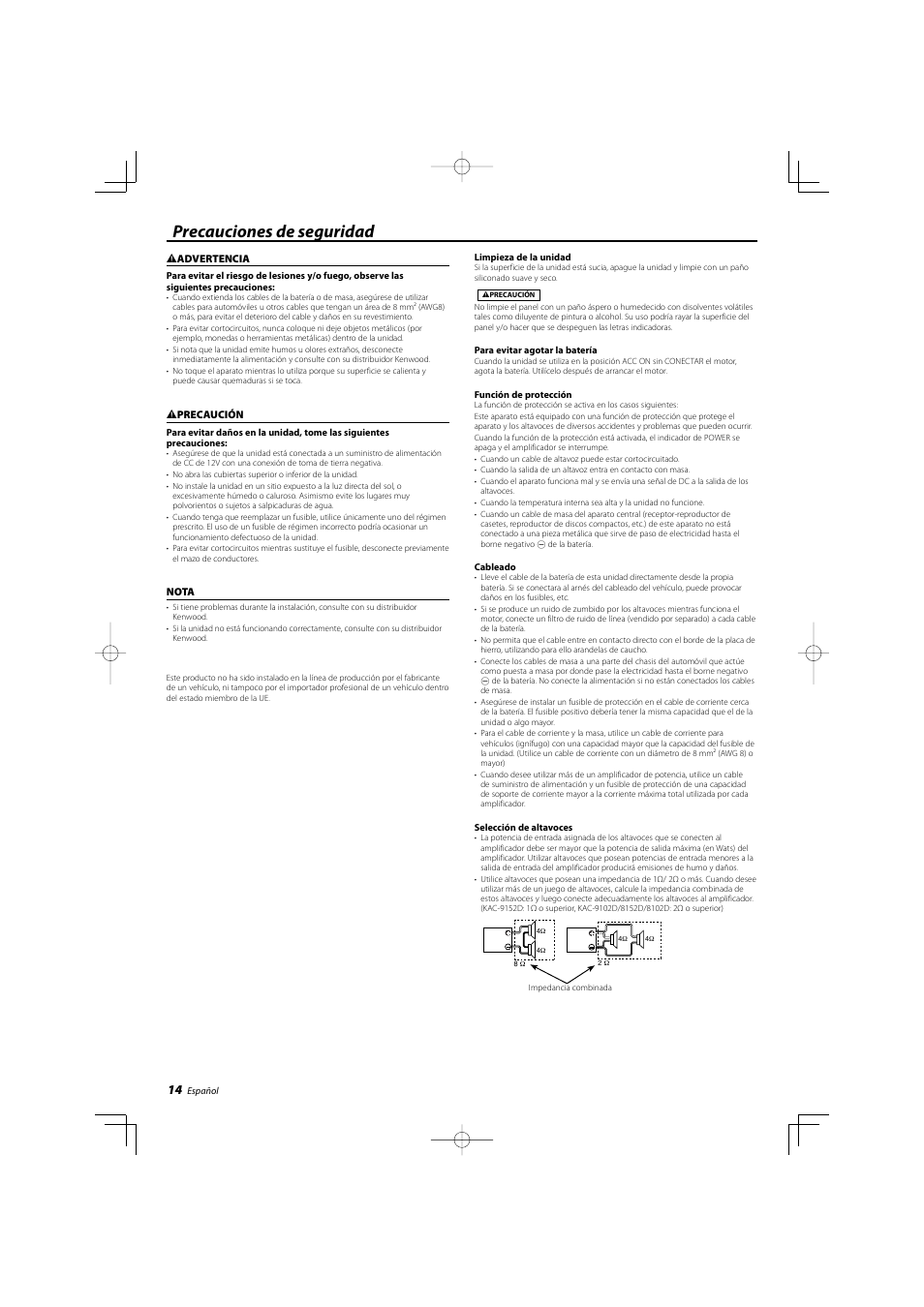 Spanish, Precauciones de seguridad | Kenwood KAC-8102D User Manual | Page 14 / 20