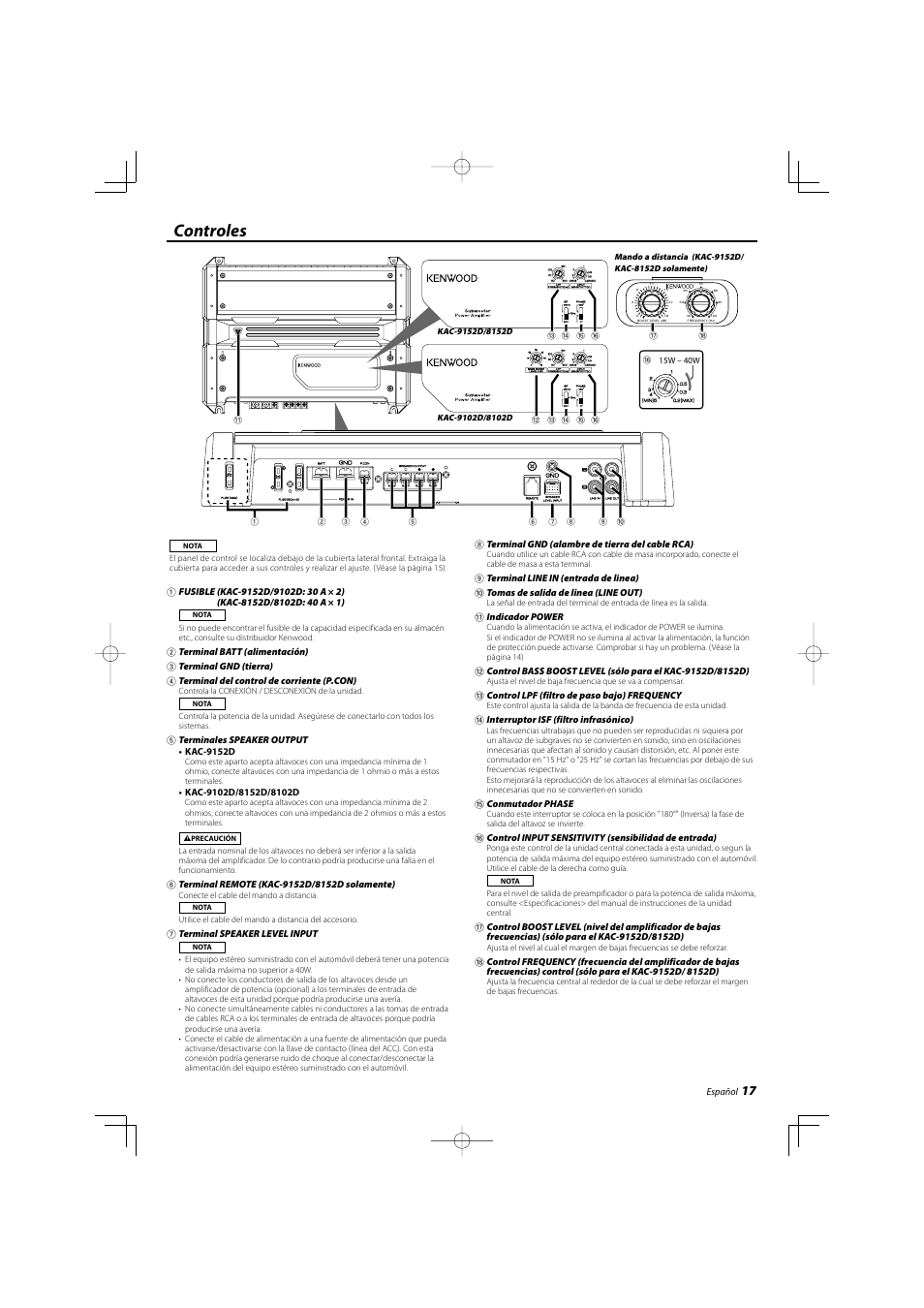 Controles | Kenwood KAC-8102D User Manual | Page 17 / 20