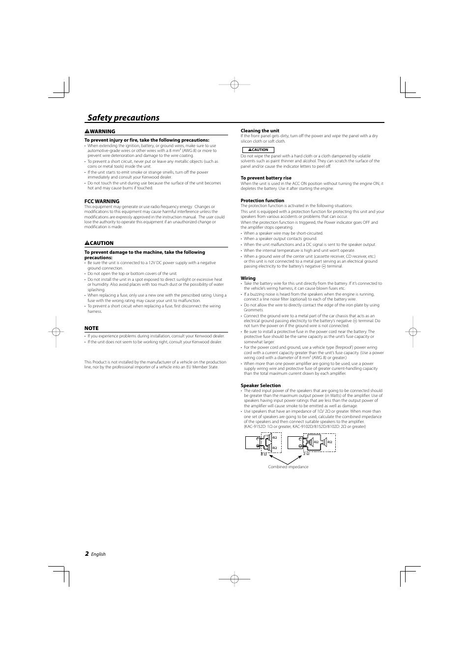 English, Safety precautions | Kenwood KAC-8102D User Manual | Page 2 / 20