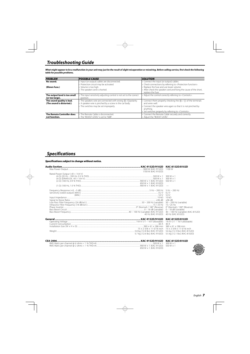 Troubleshooting guide specifications | Kenwood KAC-8102D User Manual | Page 7 / 20