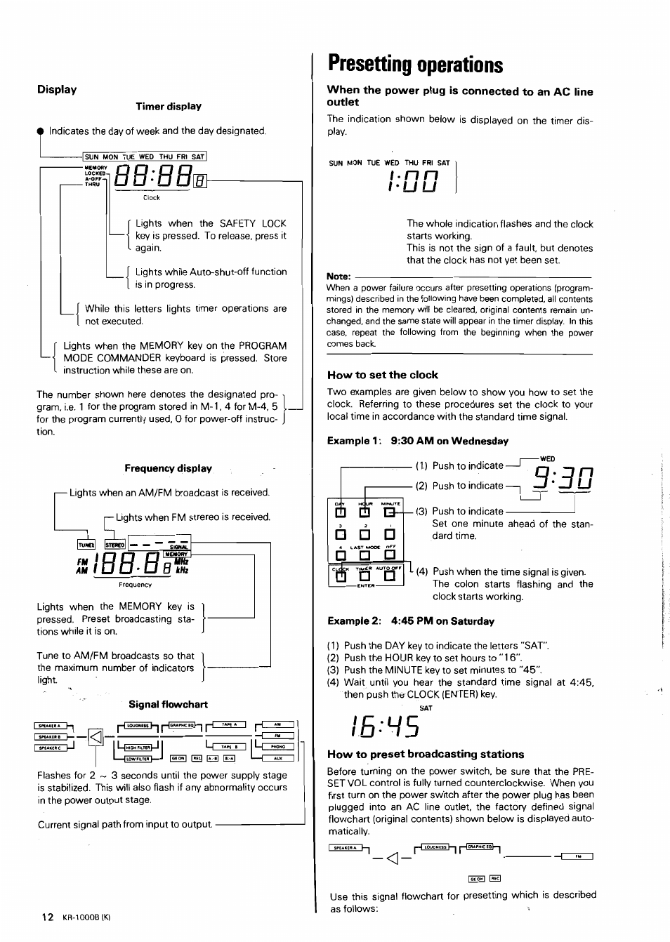 Display, Frequency display, Signal flowchart | Presetting operations, I'uu, How to set the clock, Example 1: 9:30 am on wednesday, Example 2: 4:45 pm on saturday, How to preset broadcasting stations, Display) | Kenwood KR-1000B User Manual | Page 12 / 25