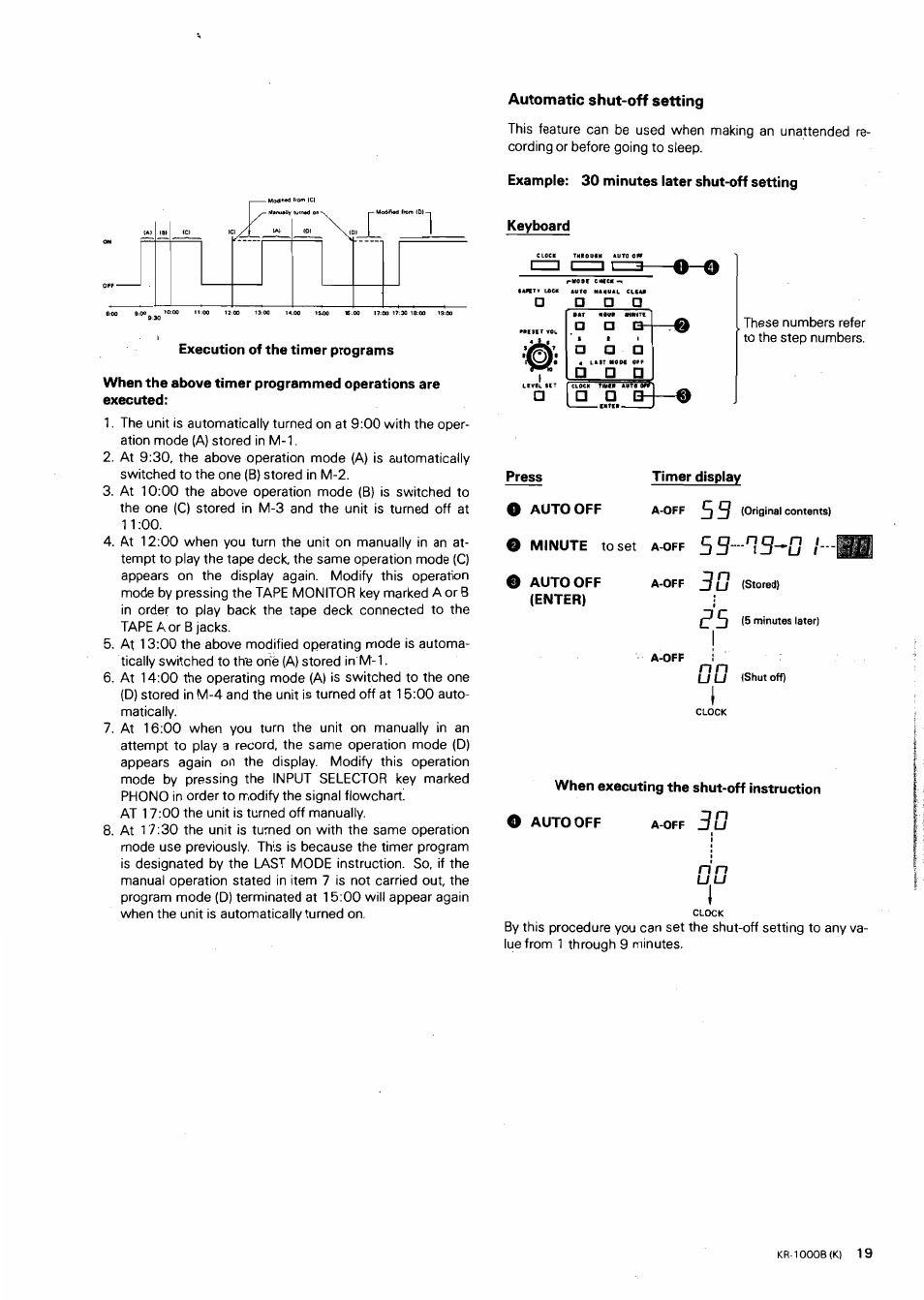 Automatic shut-off setting, Execution of the timer programs, When the above timer programmed operations are | Executed, Example: 30 minutes later shut-off setting, Keyboard, Press, Timer display, O auto off e minute to set a-off 5 3^0, Auto off (enter) | Kenwood KR-1000B User Manual | Page 19 / 25