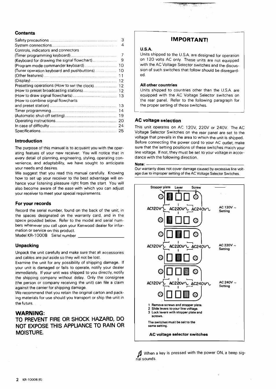 U.s.a, All other countries, Note | Ac120v% ac220v'x ac240v, Ac voltage selector switches | Kenwood KR-1000B User Manual | Page 2 / 25