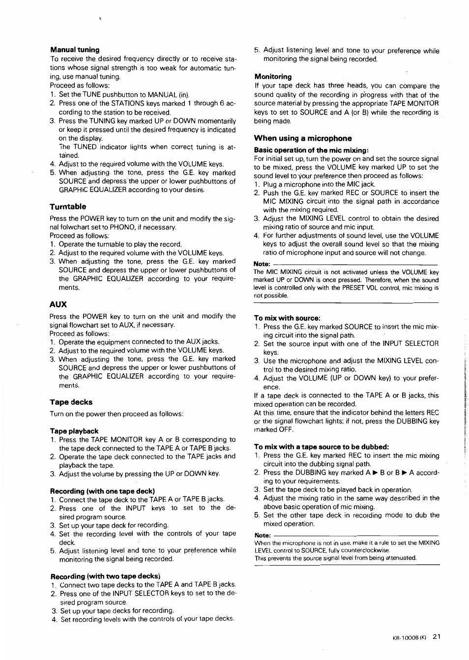 Manual tuning, T urntable, Tape decks | Tape playback, Recording (with one tape deck), Recording (with two tape decks), Monitoring, When using a microphone, To mix with source, To mix with a tape source to be dubbed | Kenwood KR-1000B User Manual | Page 21 / 25