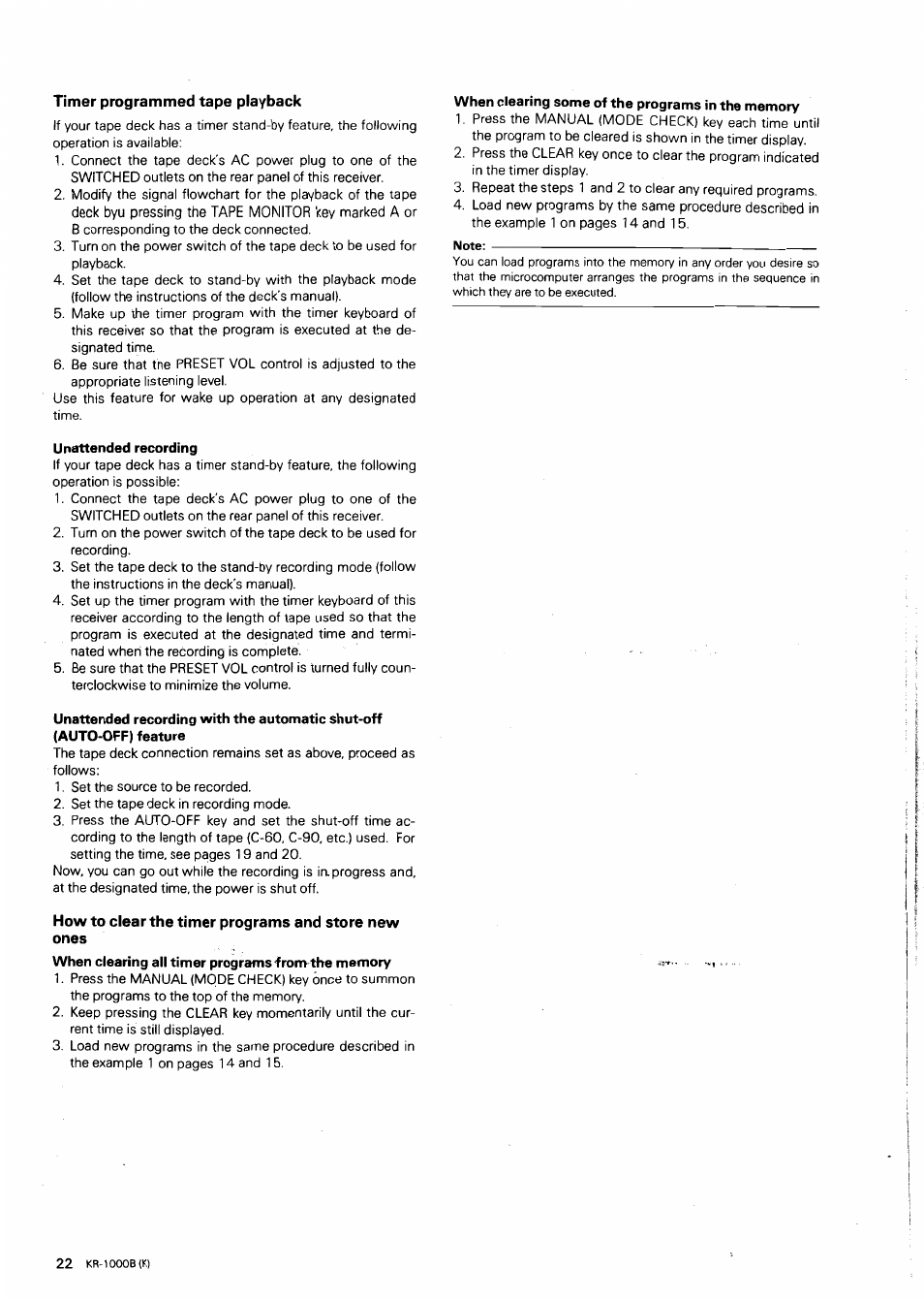 Timer programmed tape playback, When clearing some of the programs in the memory, Unattended recording | How to clear the timer programs and store new ones | Kenwood KR-1000B User Manual | Page 22 / 25