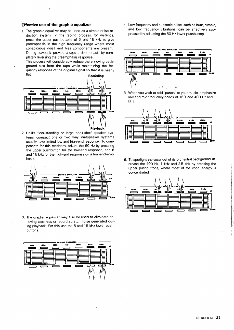 Effective use of the graphic equalizer, Playback | Kenwood KR-1000B User Manual | Page 23 / 25