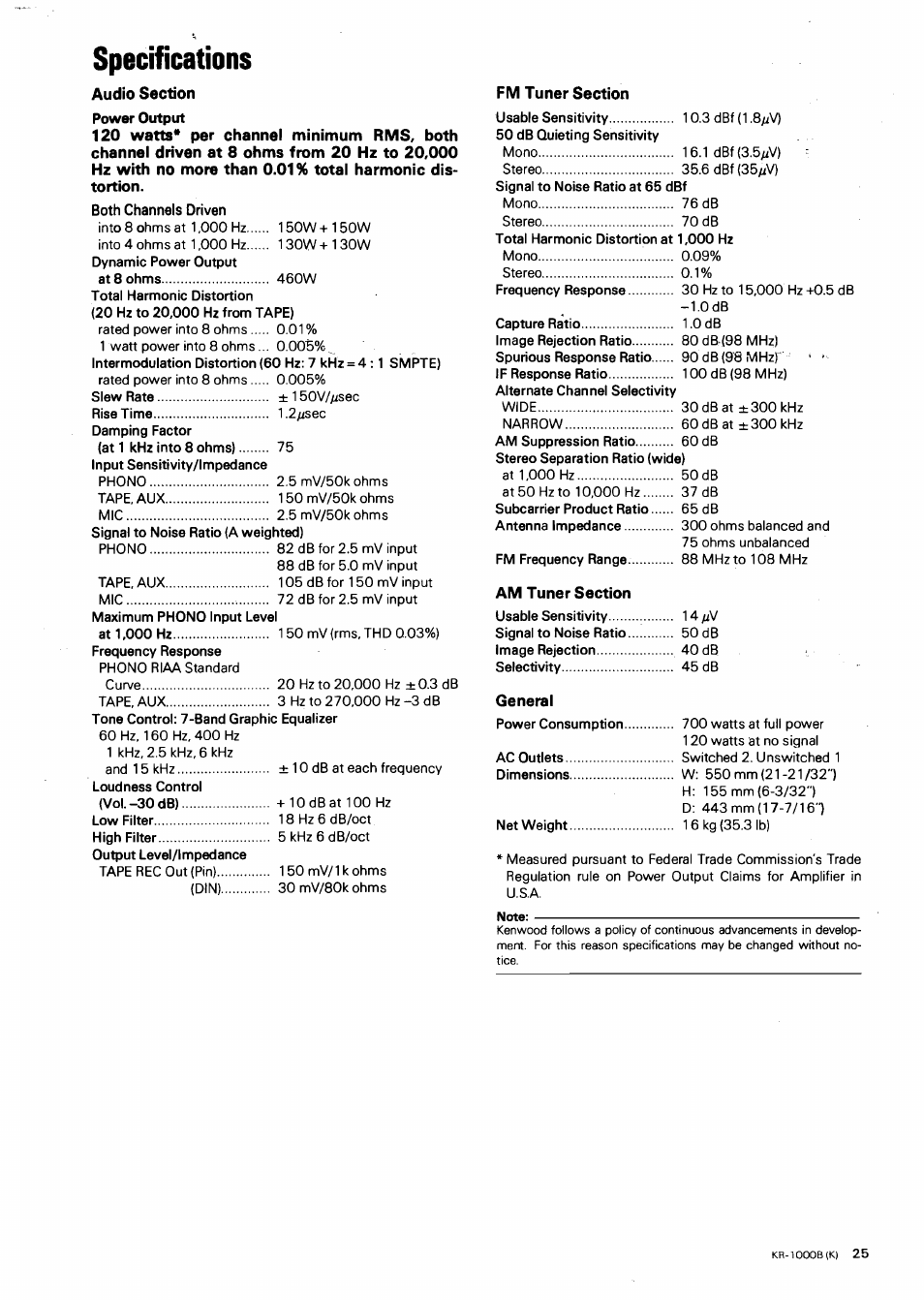 Specifications, Fm tuner section, Am tuner section | General | Kenwood KR-1000B User Manual | Page 25 / 25