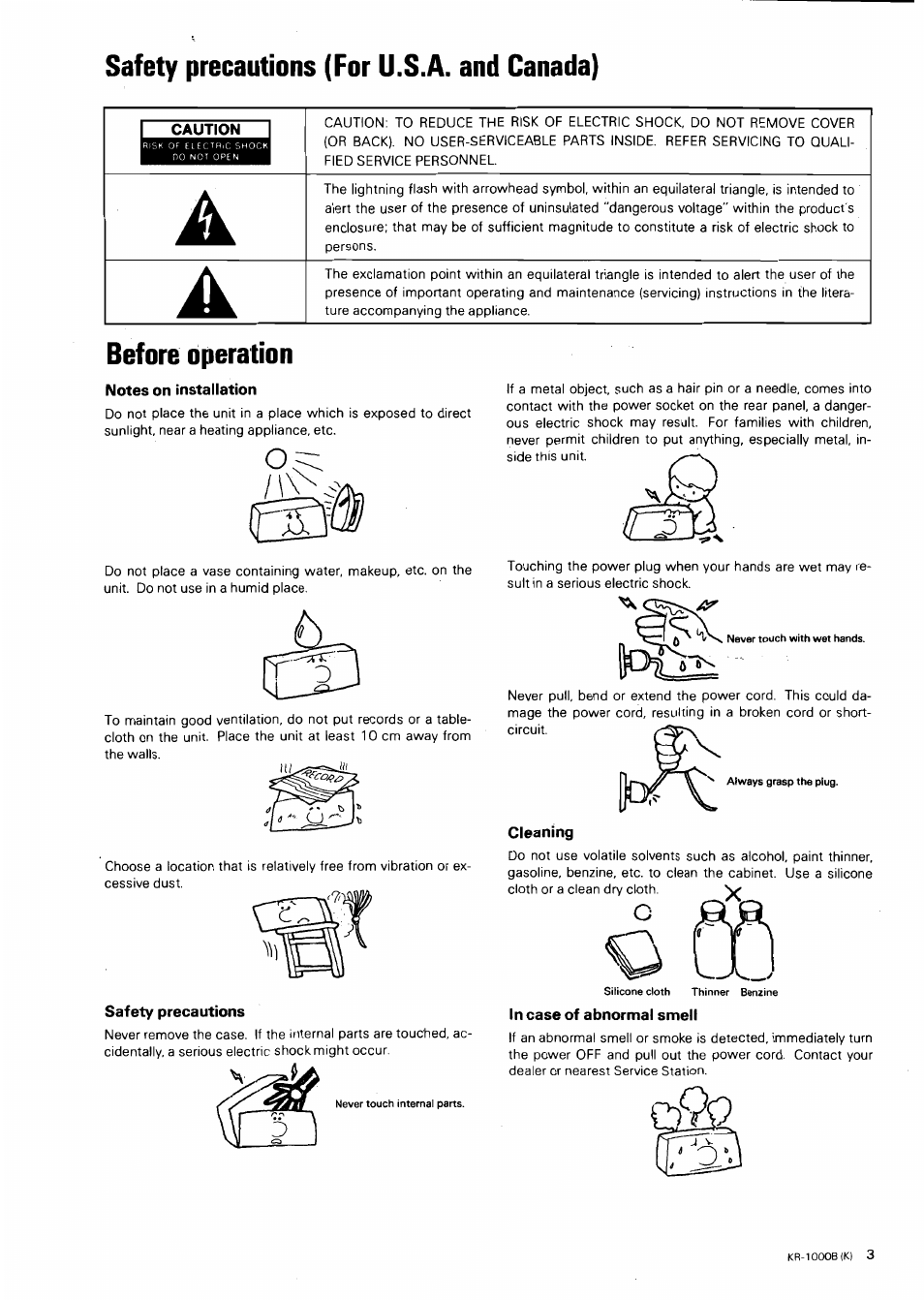 Safety precautions (for u.s.a. and canada), Before operation, Notes on installation | Safety precautions, Cleaning, In case of abnormal smell | Kenwood KR-1000B User Manual | Page 3 / 25