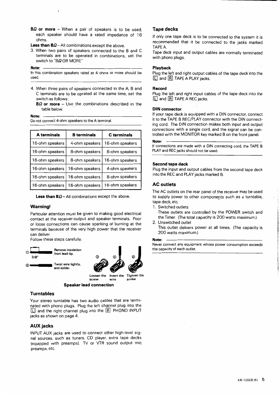 Note, Warning, Turntables | Aux jacks, Tape decks, Playback, Record, Din connector, Second tape deck, Ac outlets | Kenwood KR-1000B User Manual | Page 5 / 25