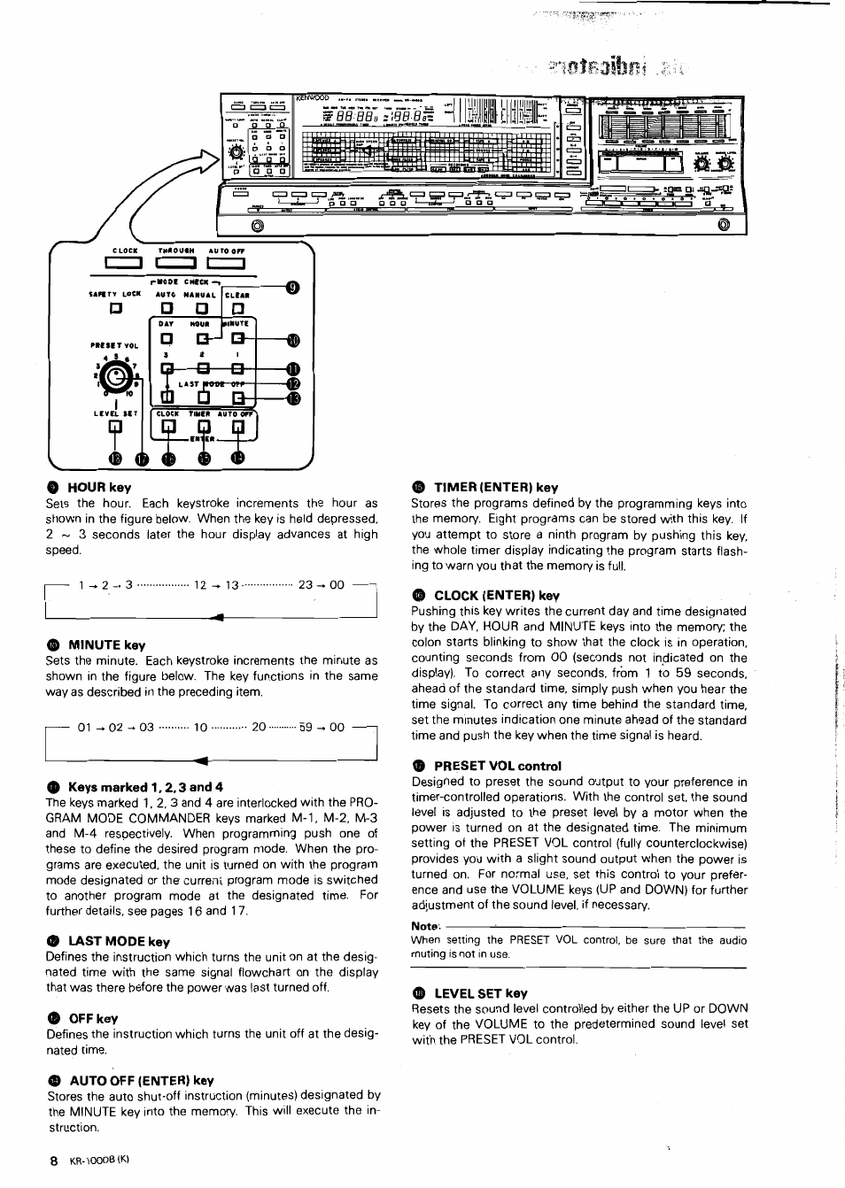E hour key, Minute key, O keys marked 1,2,3 and 4 | Last mode key, Off key, Clock (enter) key, D preset vol control, Level set key, O auto off (enter) key | Kenwood KR-1000B User Manual | Page 8 / 25