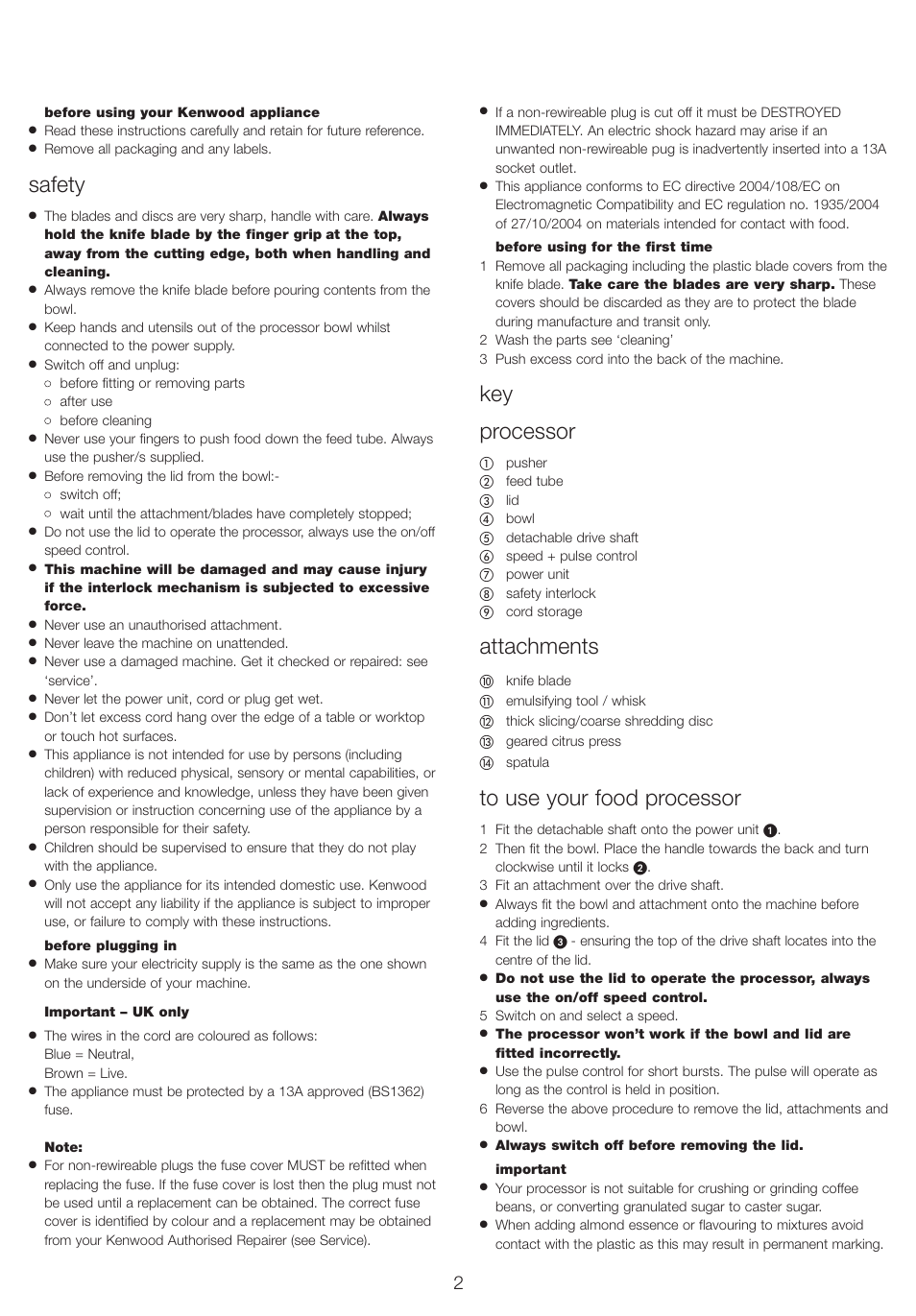 Safety, Key processor, Attachments | Kenwood FP210 User Manual | Page 3 / 8