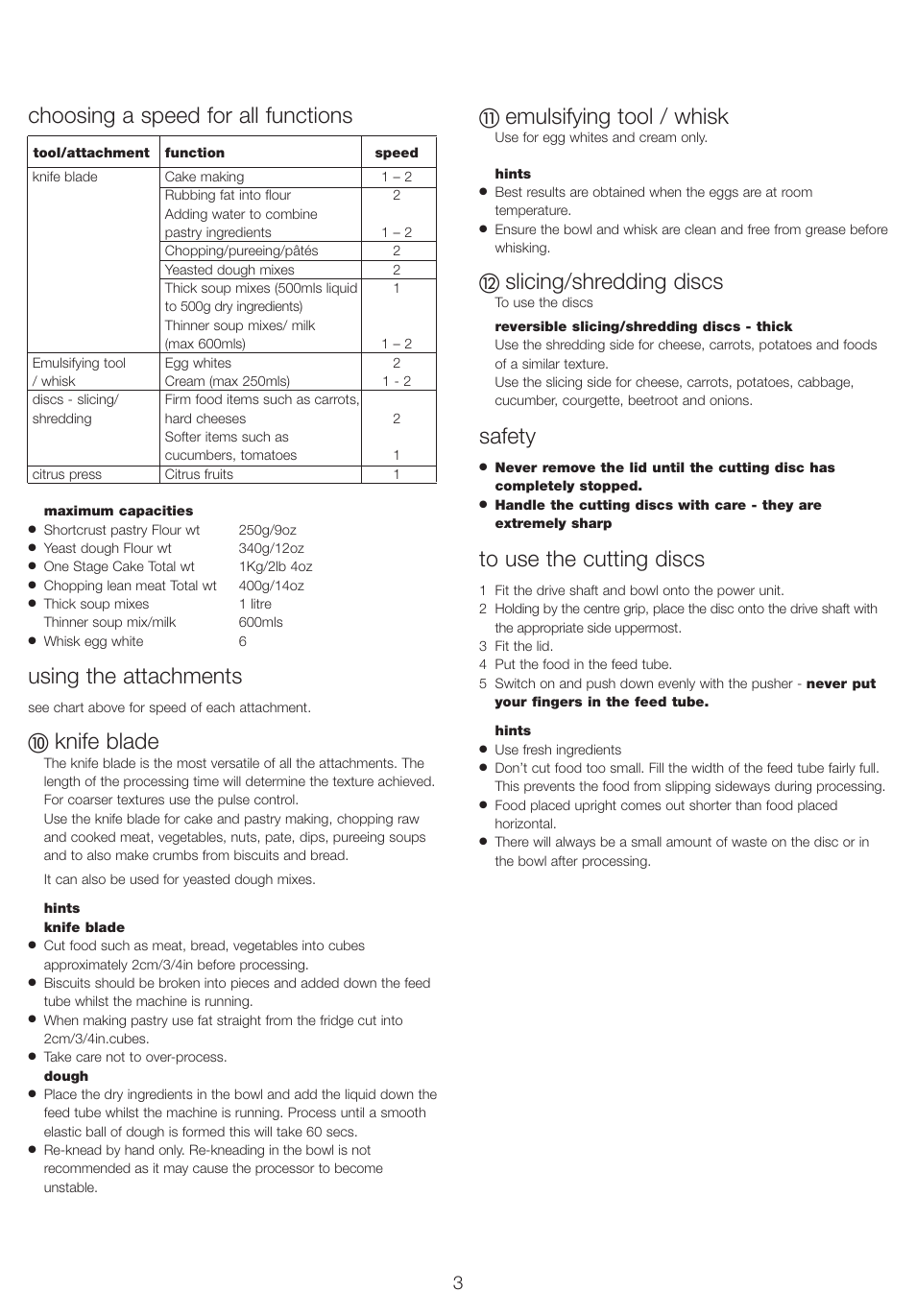 Choosing a speed for all functions, Using the attachments, Knife blade | Emulsifying tool / whisk, Slicing/shredding discs, Safety | Kenwood FP210 User Manual | Page 4 / 8