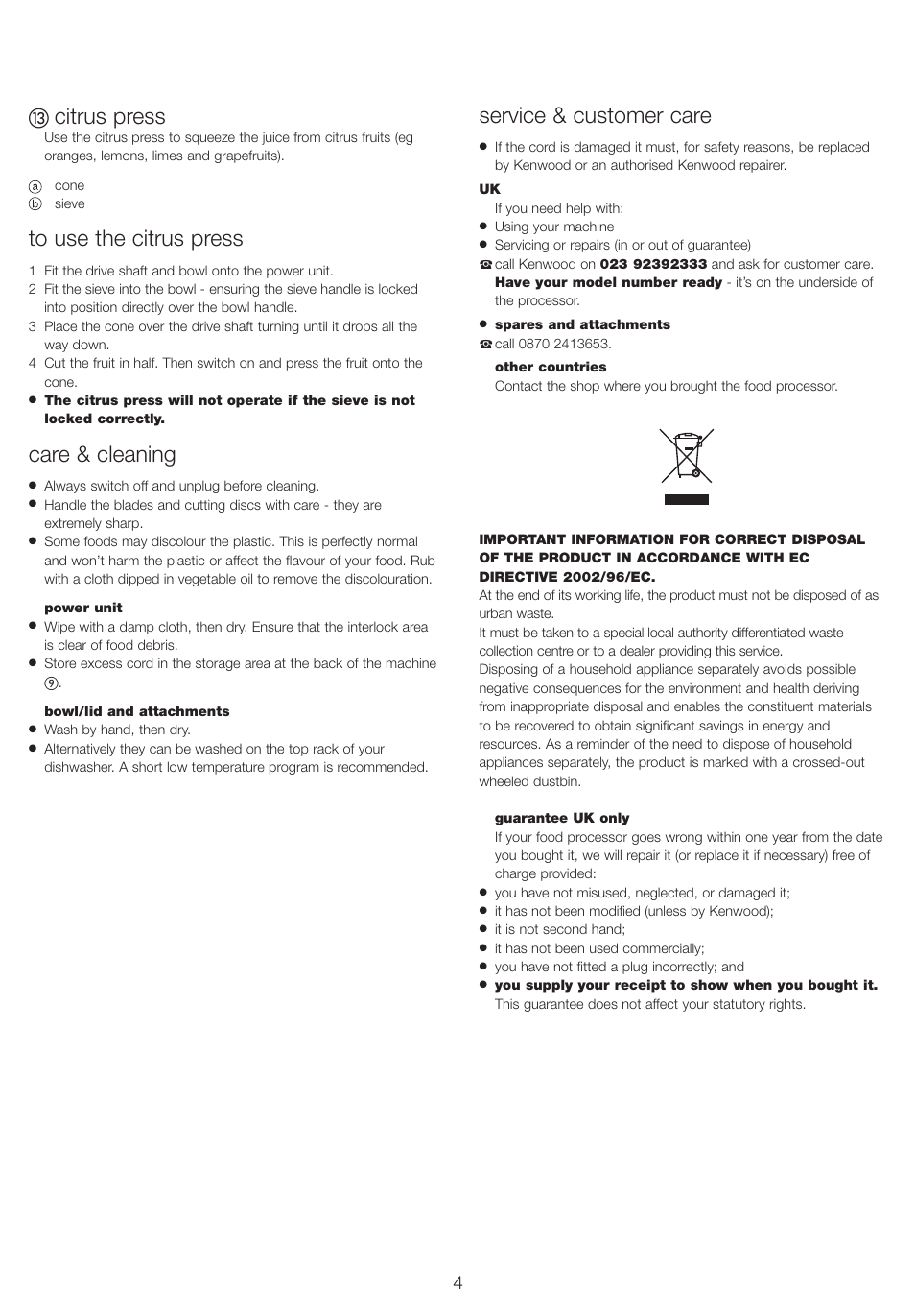 Citrus press, Care & cleaning, Service & customer care | Kenwood FP210 User Manual | Page 5 / 8