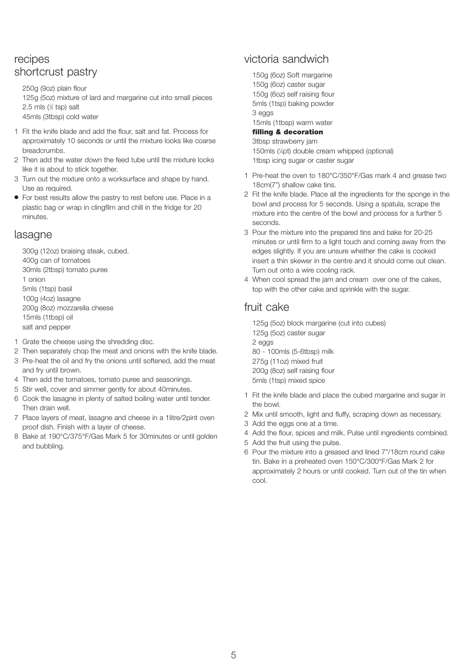 Recipes shortcrust pastry, Lasagne, Victoria sandwich | Fruit cake | Kenwood FP210 User Manual | Page 6 / 8