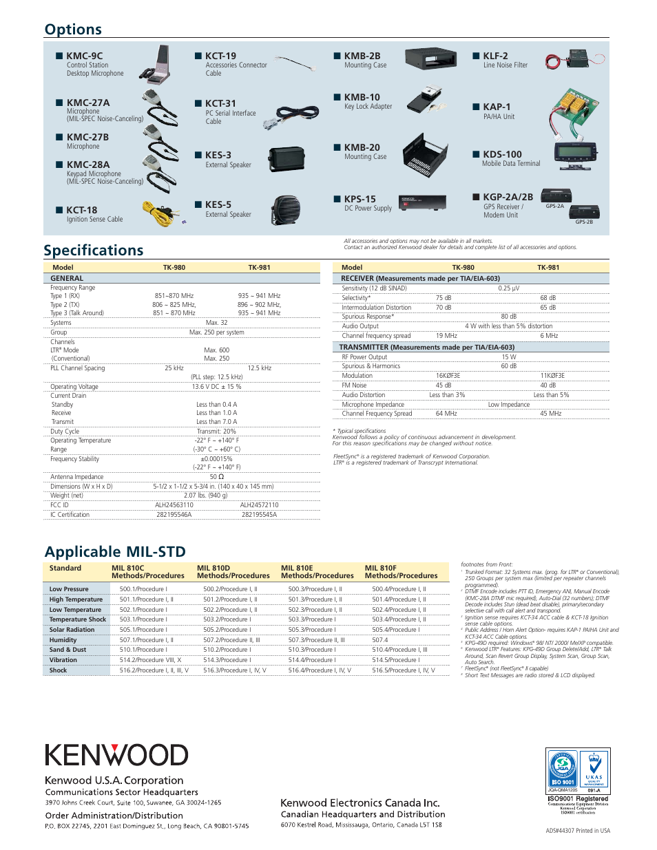 Options specifications, Applicable mil-std, Kmc-9c | Kmc-27a, Kmc-27b, Kmc-28a, Kct-18, Kct-19, Kct-31, Kes-3 | Kenwood FleetSync TK-980 User Manual | Page 2 / 2