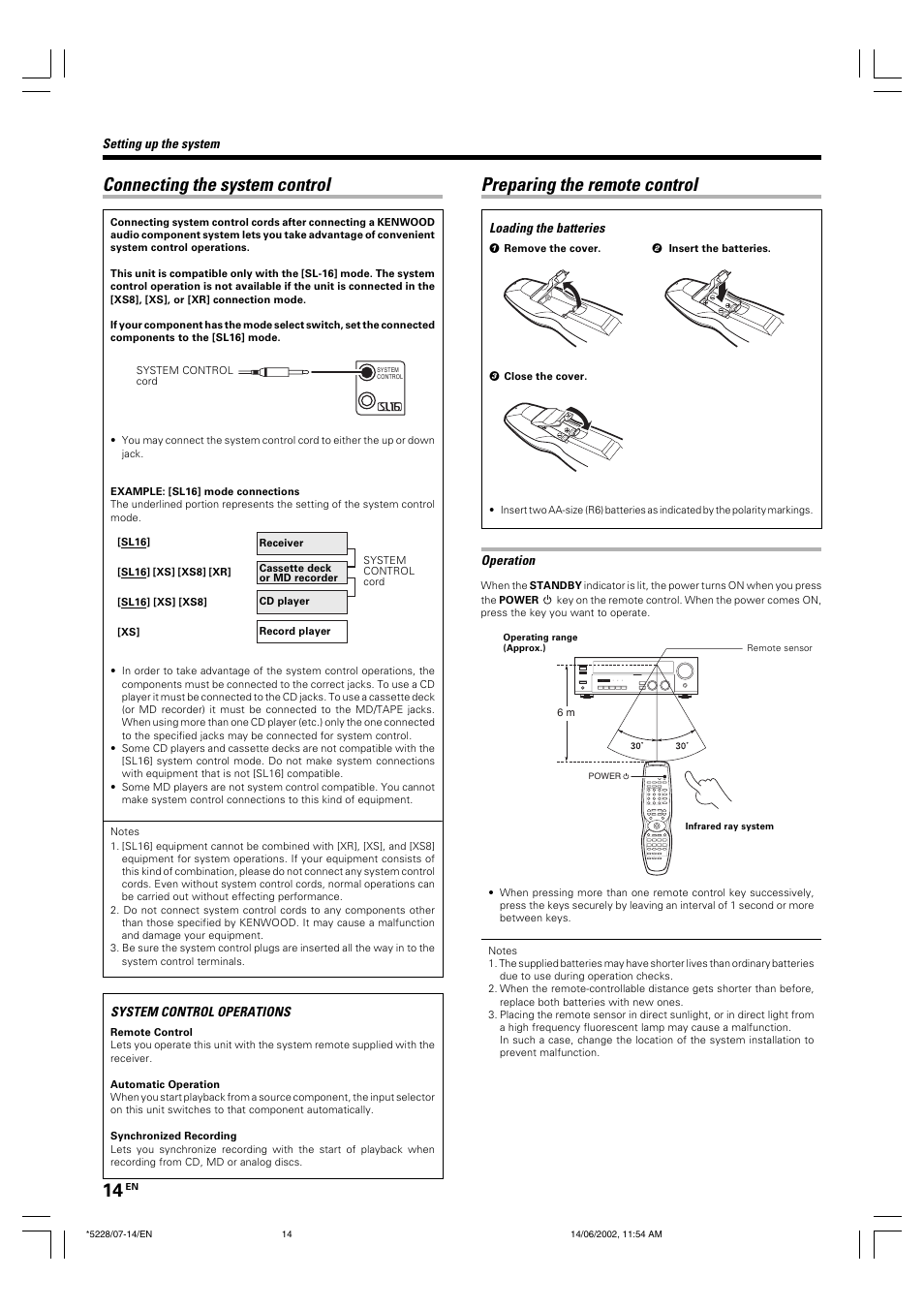 Connecting the system control, Preparing the remote control | Kenwood VR-606 VR-616 User Manual | Page 14 / 36