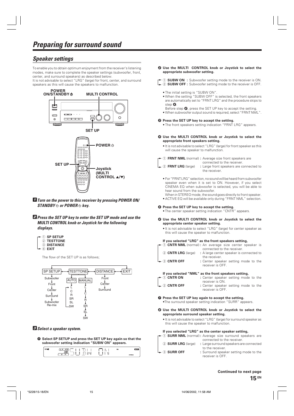 Preparing for surround sound, Speaker settings | Kenwood VR-606 VR-616 User Manual | Page 15 / 36