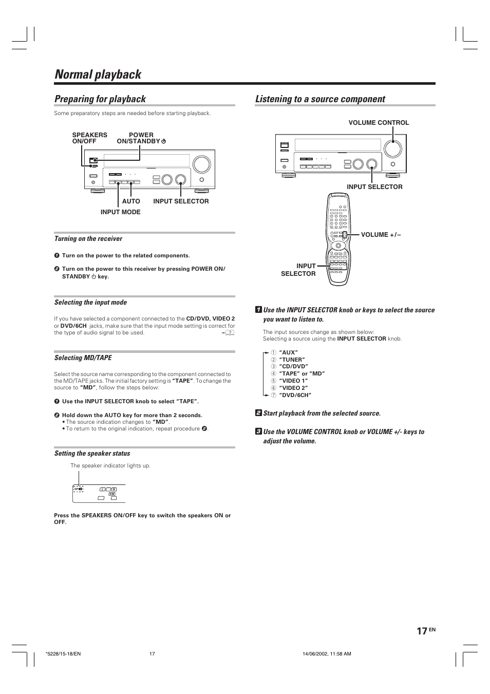 Operations, Normal playback, Listening to a source component | Preparing for playback | Kenwood VR-606 VR-616 User Manual | Page 17 / 36