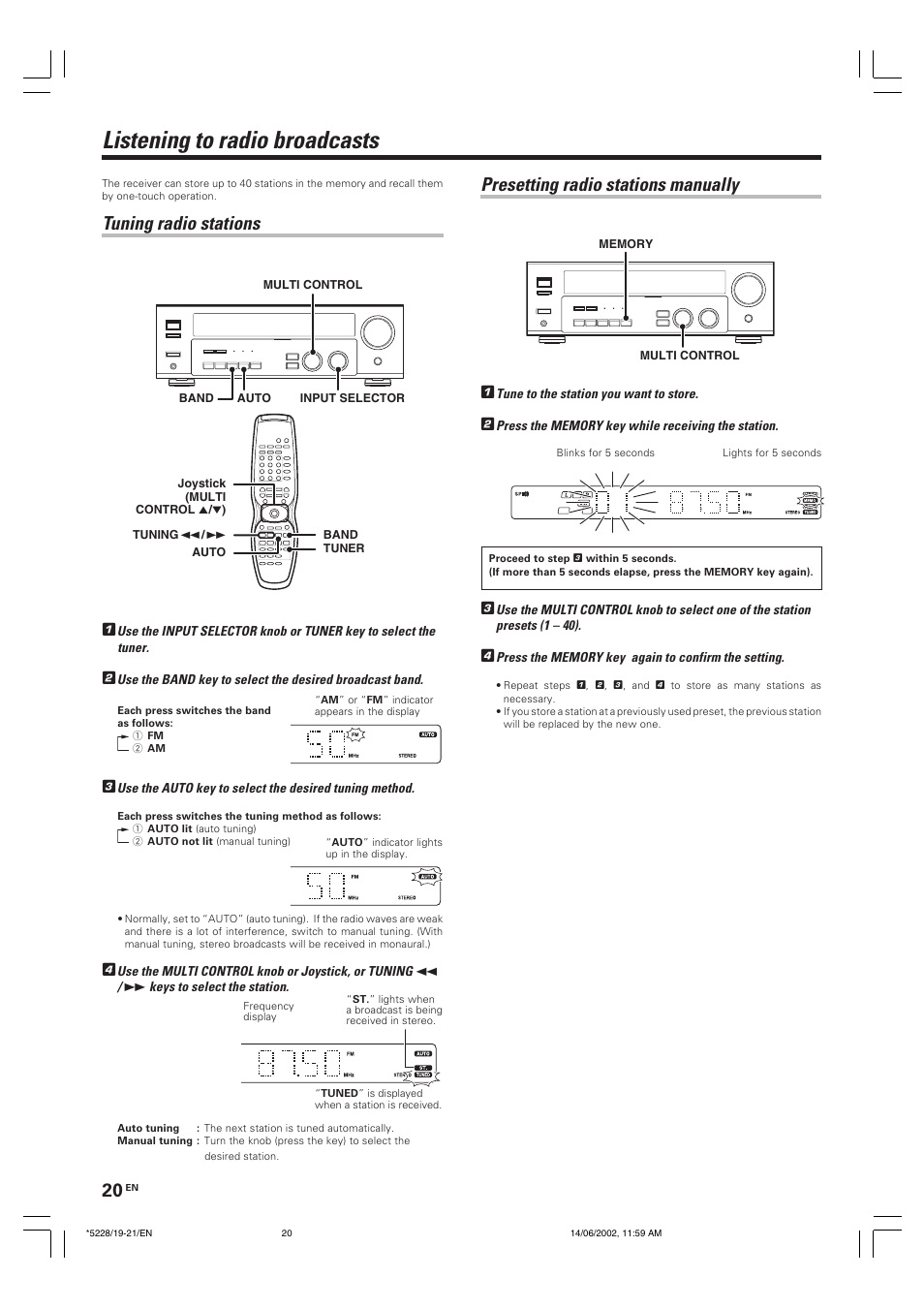 Listening to radio broadcasts, Tuning radio stations, Presetting radio stations manually | Kenwood VR-606 VR-616 User Manual | Page 20 / 36