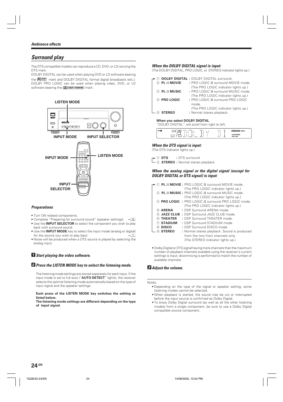 Surround play | Kenwood VR-606 VR-616 User Manual | Page 24 / 36