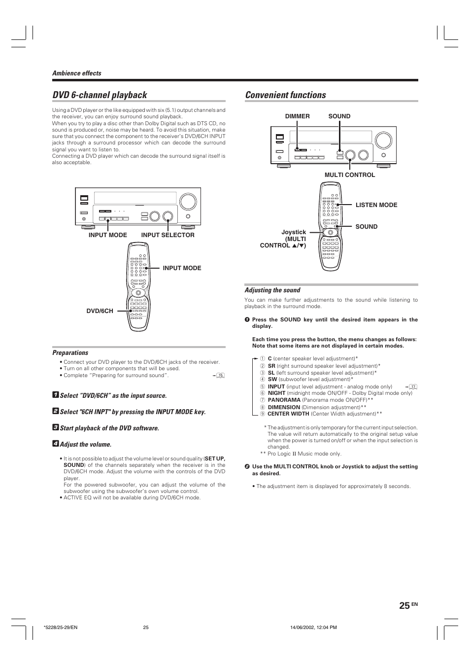 Dvd 6-channel playback, Convenient functions | Kenwood VR-606 VR-616 User Manual | Page 25 / 36