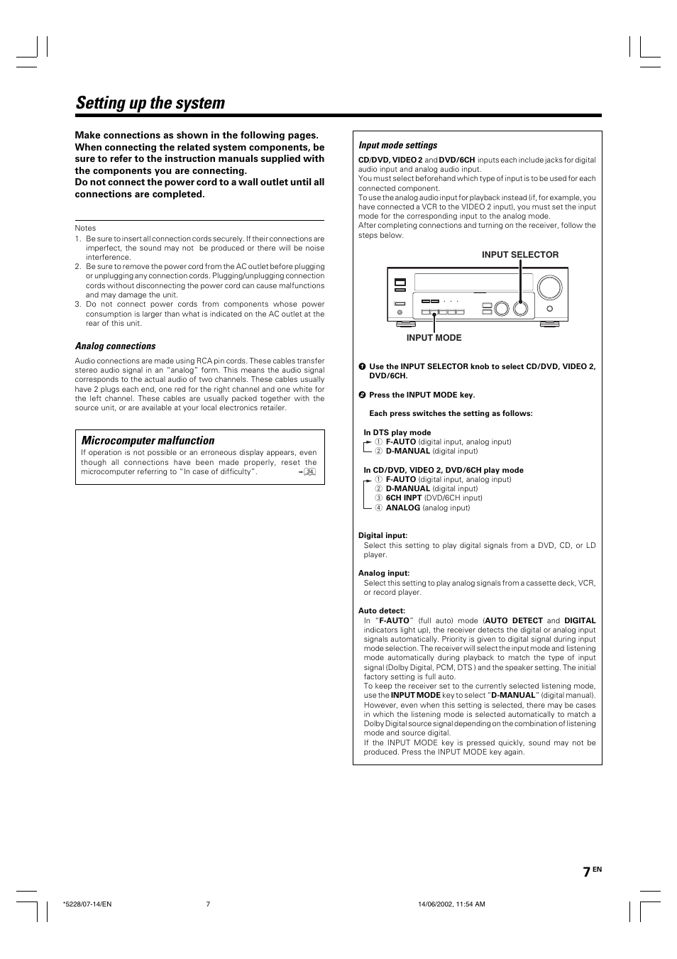 Setting up the system, Microcomputer malfunction | Kenwood VR-606 VR-616 User Manual | Page 7 / 36