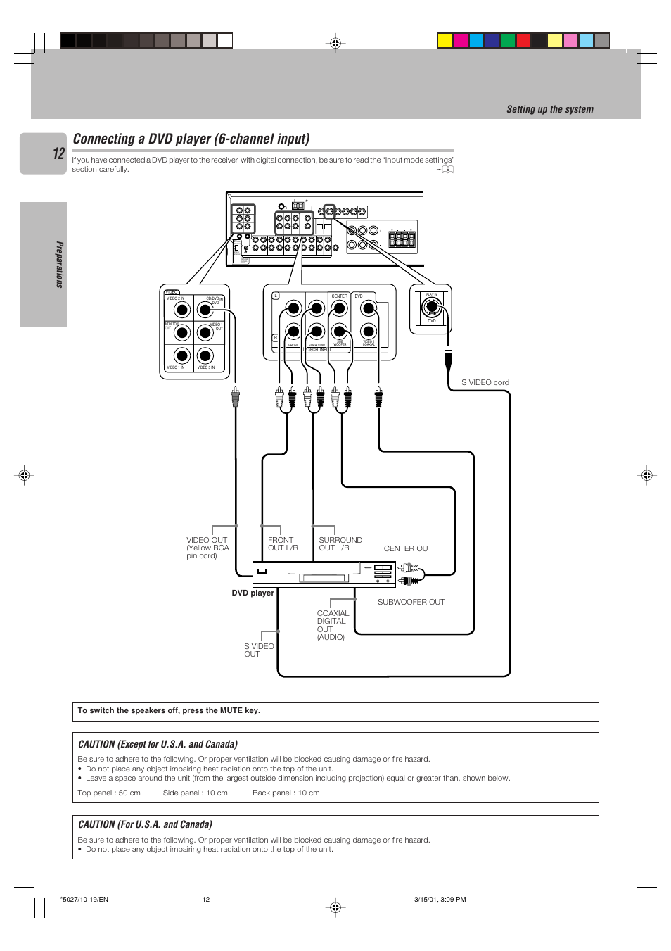 Connecting a dvd player (6-channel input), Video 3 video 2 video 1, Play in | Play in rec out play in monitor out video 1 dvd, Caution (except for u.s.a. and canada), Caution (for u.s.a. and canada), Setting up the system, Preparations | Kenwood VR-507 User Manual | Page 12 / 48