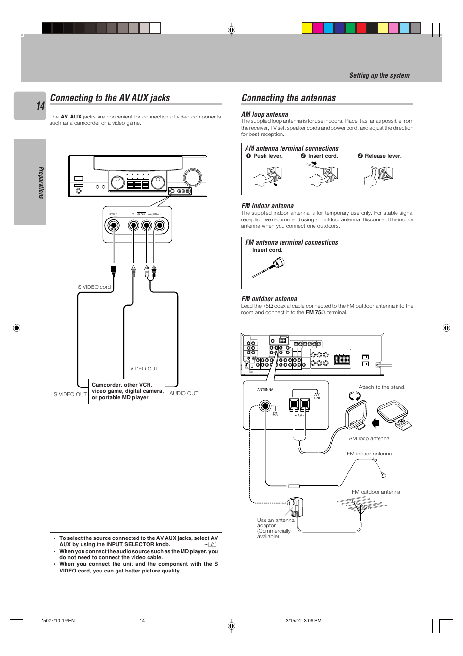 Connecting to the av aux jacks, Connecting the antennas | Kenwood VR-507 User Manual | Page 14 / 48