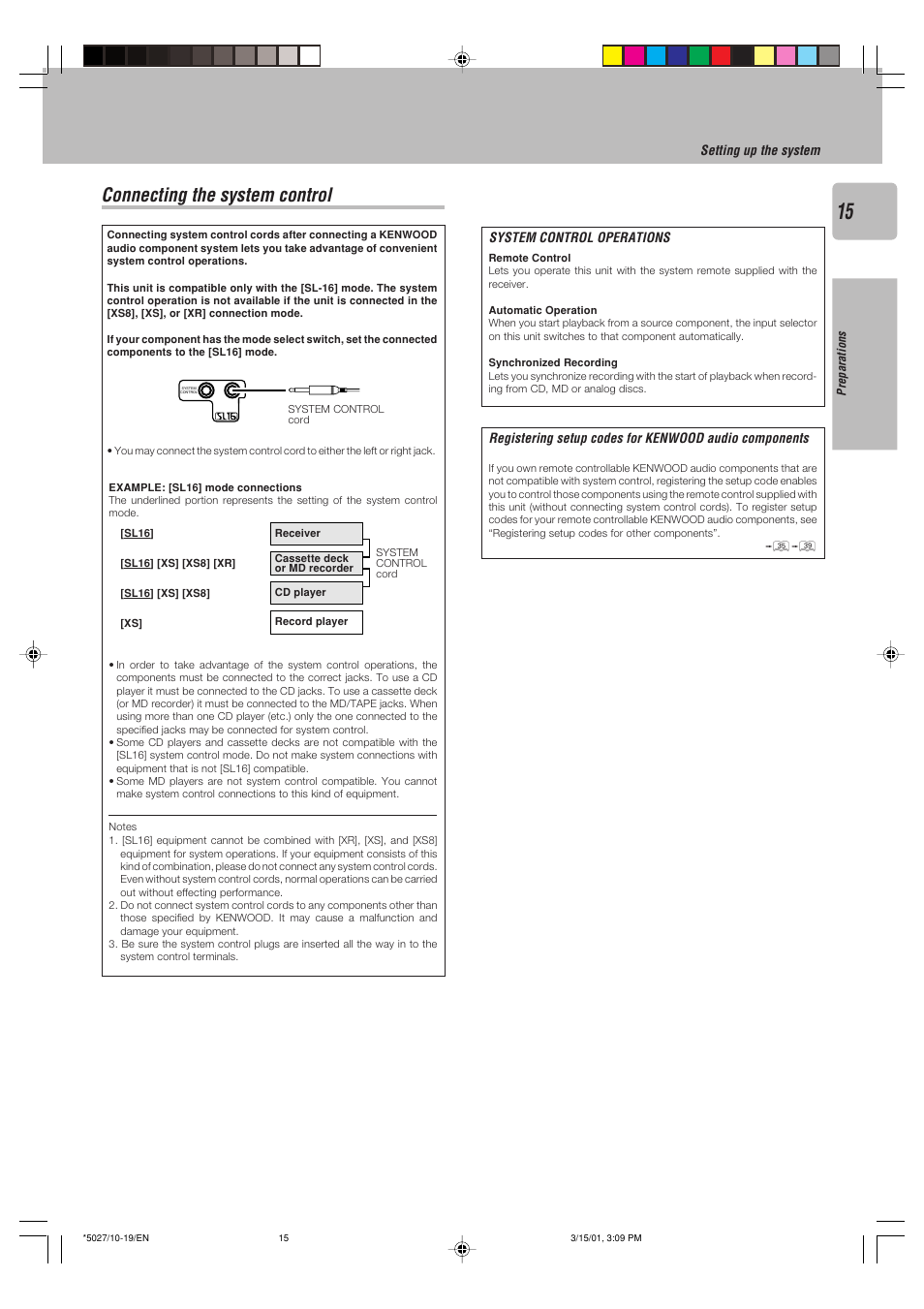 Connecting the system control | Kenwood VR-507 User Manual | Page 15 / 48