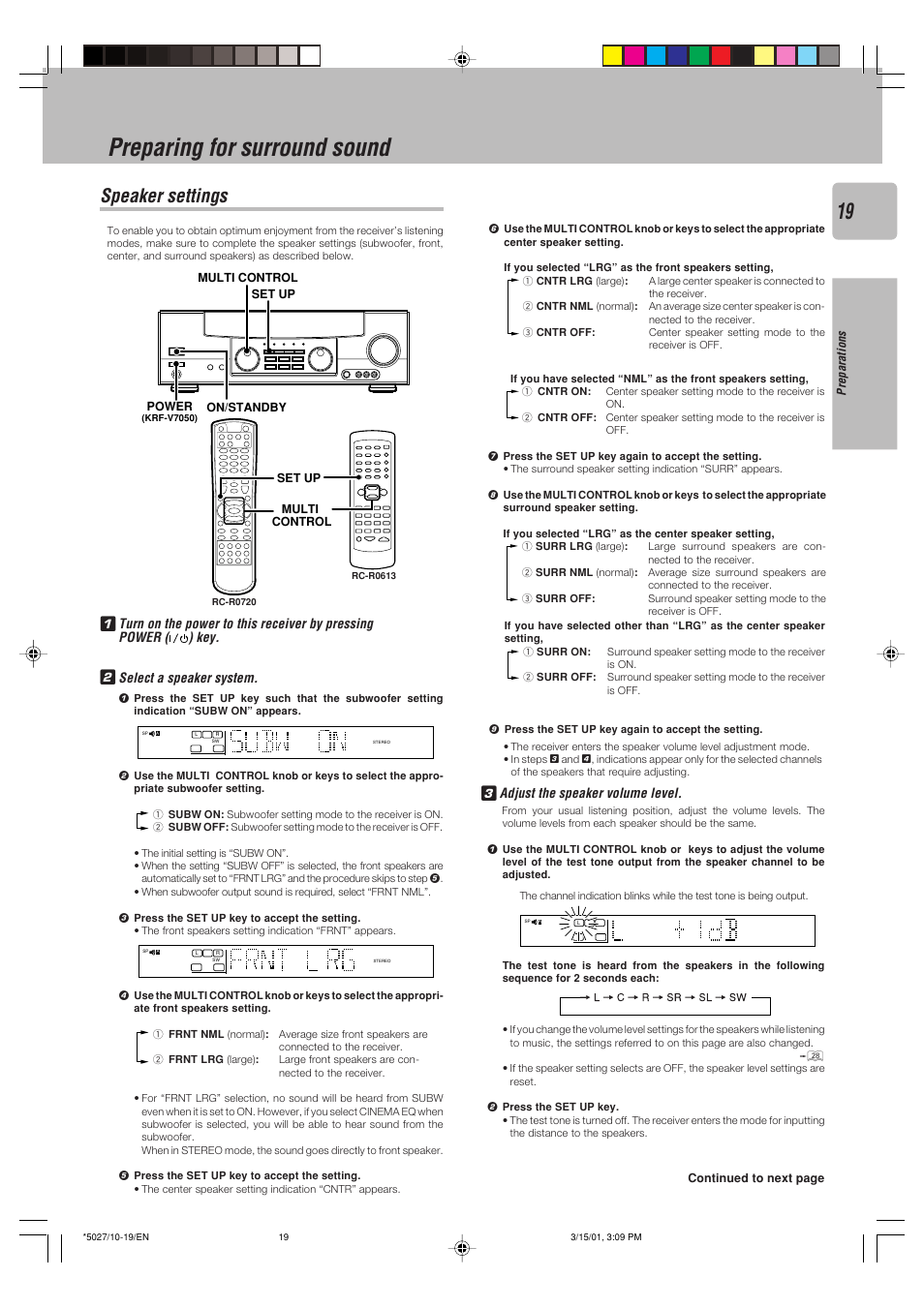 Preparing for surround sound, Speaker settings, Adjust the speaker volume level | Preparations, Continued to next page, Multi control, Set up power on/standby, Set up | Kenwood VR-507 User Manual | Page 19 / 48