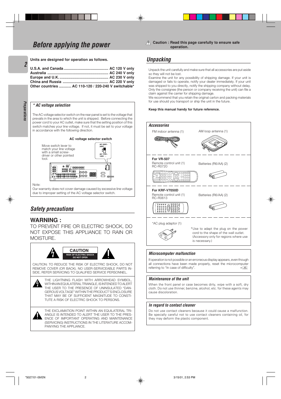 Preparations, Before applying the power, Safety precautions | Unpacking, Warning | Kenwood VR-507 User Manual | Page 2 / 48
